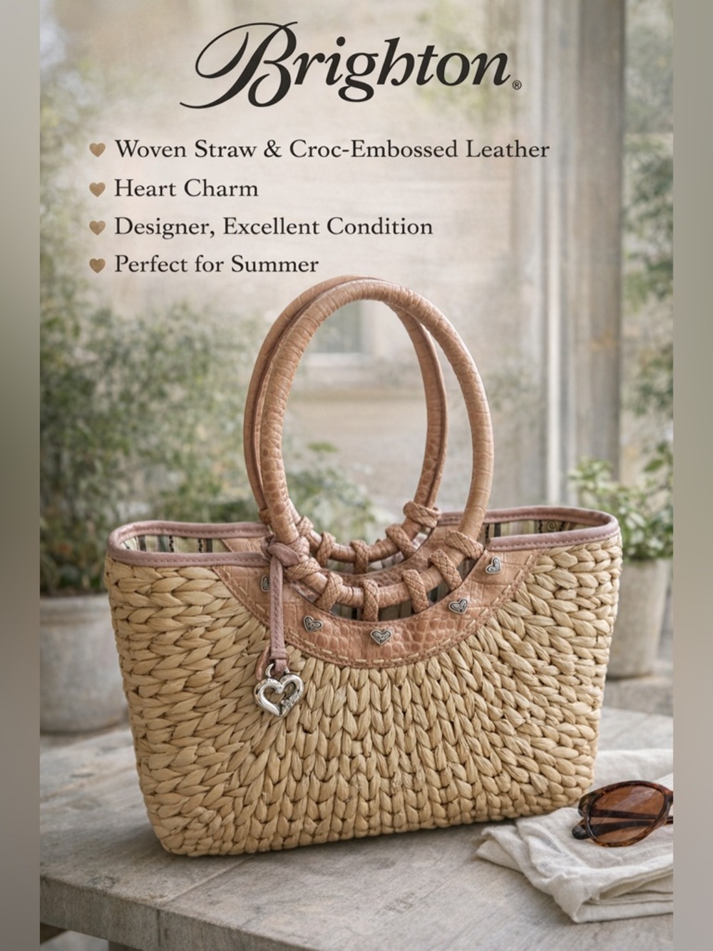 Brighton Woven Straw Tote w/ Pink Croc Embossed Leather & Heart Charm